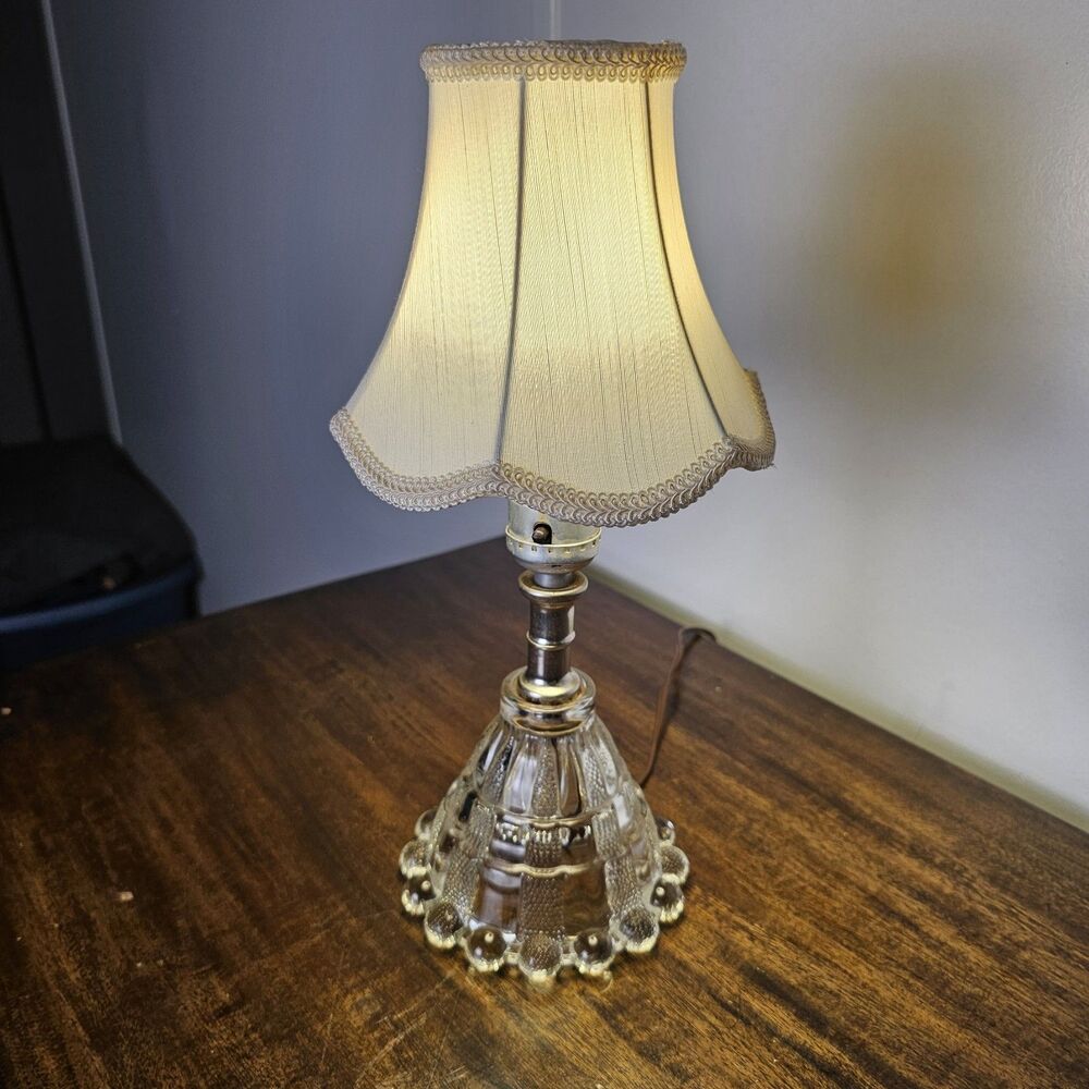 Vintage Clear Pressed Glass Boudoir Lamp w/ Fabric Shade – Ribbed Glass Base